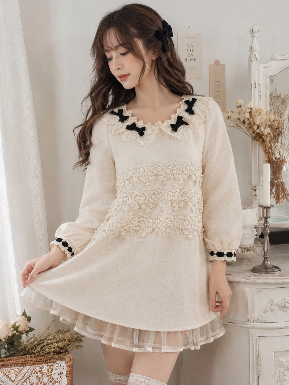 PNK SHOP Korea Ivory Lace Bow Tulle Mini Dress S Coquette
